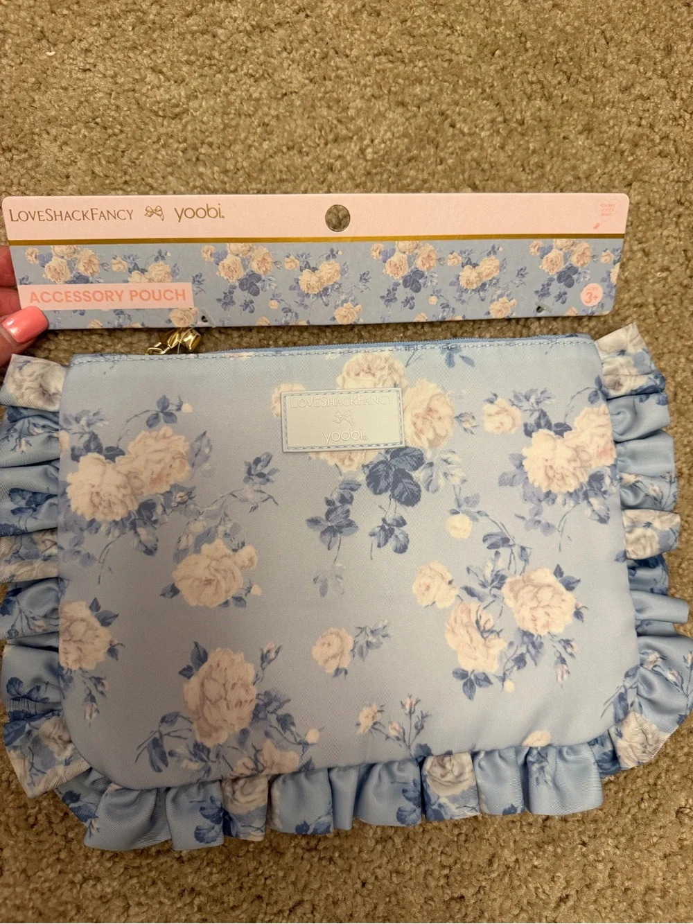 LoveShackFancy Floral Ruffle Cosmetic Pouch in Light Blue and Cream